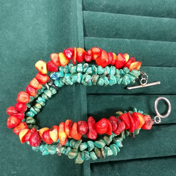 Turquoise Chip & Coral Bracelet 3 Strand 925 Sterling Silver 8" Long - Picture 4 of 16